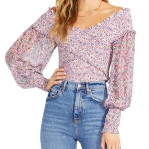BB Dakota Smocked Floral Wrap Blouse with Fitted Style